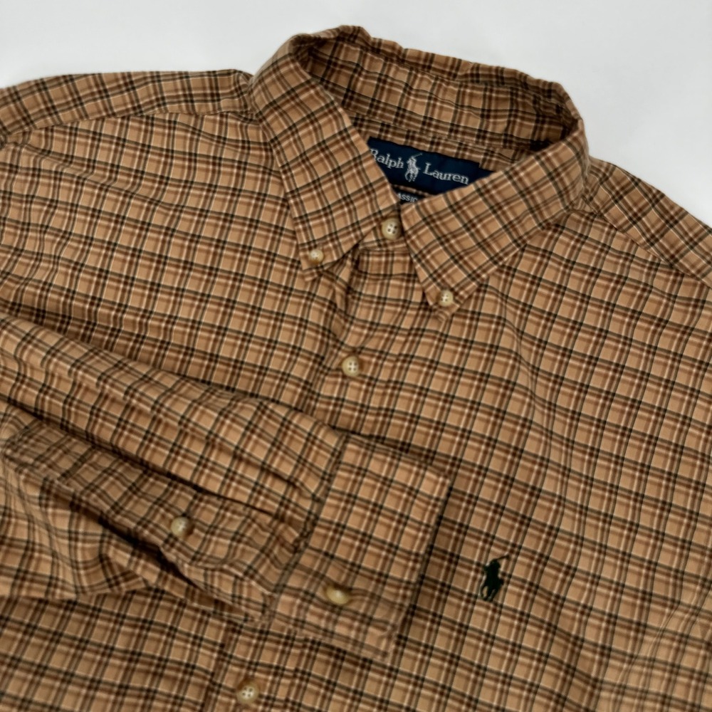 Ralph Lauren Men Classic Fit Plaid Button Down Shirt Brown Green Large Old Money
